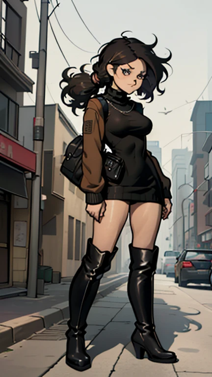 (detailed), (((normal girl))), (Arabic characteristics), ((brown sheepskin jacket)), ((pelo negro rizado free hair)), ((free hair)), (calm face), ((by the width)), ((black high boots)), (((whole body))), ((in the middle of the city leaning on a building), ((woman)), (black turtleneck sweater), ((only one person)), (at midday)