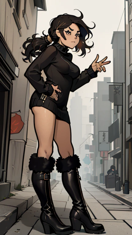 (detailed), (((normal girl))), (Arabic characteristics), ((brown sheepskin jacket)), ((pelo negro rizado free hair)), ((free hair)), (calm face), ((by the width)), ((black high boots)), (((whole body))), ((in the middle of the city leaning on a building), ((woman)), (black turtleneck sweater), ((only one person)), (at midday)