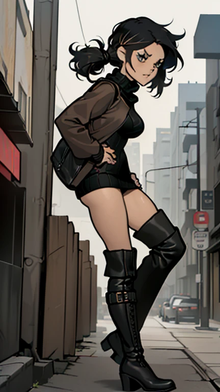 Highest quality,Super detailed,((whole body)),((One Girl)),((short hair)),blush,I was upset,((No breasts)),((trench coat)),((Knee-high boots（black）)),Vibrant colors,Soft lighting,background:street