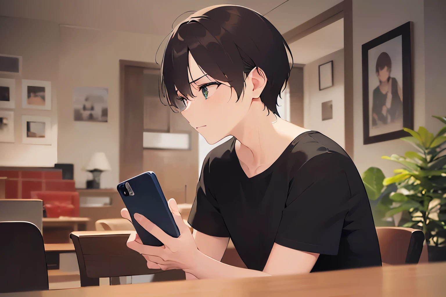 side angle,(looking away:1.5),masterpiece,Highest quality,(A man of 26:1.5)and(Brown short hair)and(Green Eyes),BREAK(Black T-shirt:1.5)BREAK,(uneasy:1.5),The background is the living room of the house,alone,(Holding a smartphone in your hand:1.5),(Biologically correct5Finger)