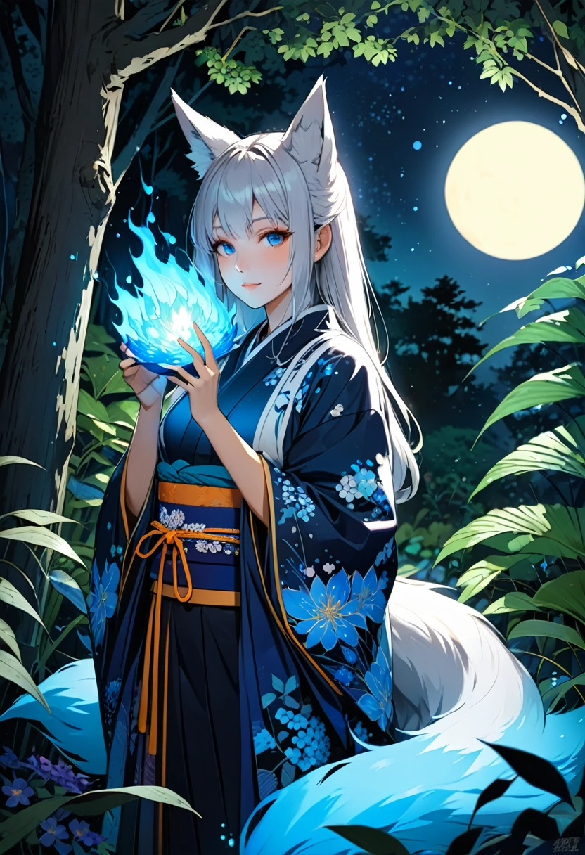 Masterpiece, Extremely detailed, beautiful, perfect face e, close distance shot, (A beautiful kitsune woman peering through the leaves in a dense forest) , {she is surrounded by motes of blue fire}, facing viewer, (dynamic pose) , fox ears, nine fox tails, traditional Japanese clothing. Japanese sandels, ((vegetation in the forground, dew, subject partially obscured by vegetation)) , ((moonlit night)) 