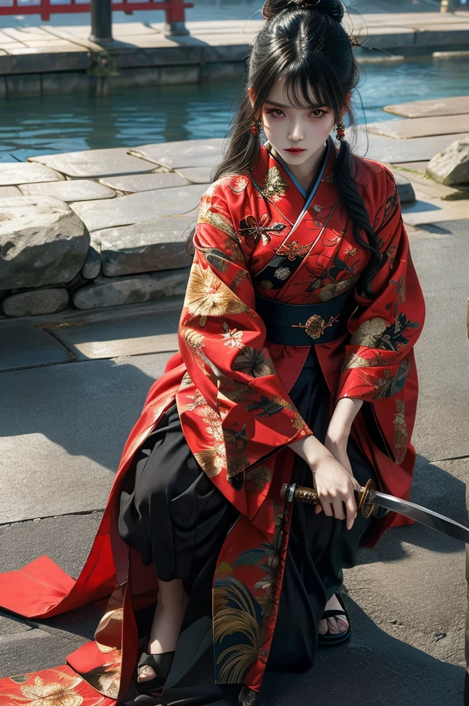 Ultra-high resolution,((masterpiece))),(((Highest quality))),((Very detailed)),((Very delicate and beautiful)), Beautiful 20 year old Japan girl,KPOP idol faces, One girl,alone,Get on one knee,Long legs, Long black hair, No bangs,knife,長いknifeを握っている,Long Hair,black eye,View your viewers,Traditional Japanese Clothing,Red, black and gold kimono, (whole body:1.2),The background is a Japanese castle, Outdoor, SakuraFubuki:1.4