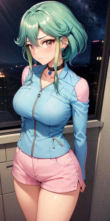 masterpiece, best quality, ultra-detailed, illustration,masterpiece, 8k,Best quality, high resolution, high resolution, rin_arc_v,  1girl,  solo,  (large breasts,  medium breasts:1.2),  (wide hips:1.2),  (blue jacket,  long sleeves:1.2),  (pink shorts,  short shorts:1.3),  black choker,  barefoot,jewelry ,beautiful detailed eyes, looking at viewer in a seductive look, close up, (breast focus), (arms behind back:1.2), tight clothes ,(from above:1.1),  medium sized breasts ,attempt to seductive,blush,(wide thighs:1.3), moonlight,sky, ((full body:1.5)),( green snickers ), multicolored hair , detailed face, detailed body,(profile view)