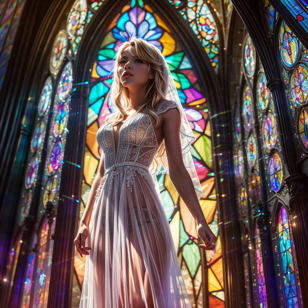 (Cathedral from below:1.28) (ZoomLayer) TopQuality 8K masterpiece of ((Professional photo)), (((Clarisse de Cagliostro))) (Detailed White WeddingDresses), Chain, (((Extremely detailed KAWAII face))) {((VeiledFace))|BlondeHair|(Elaborate BuleEyes)with(SparklingHighlights:1.28)}, The background is distant (((Elaborate stained glass))) Rainbow Glass, {(MysticSight)|EnchantingAtmosphere|Haze|(GodRays)|TyndallEffect}, Radiant PearlSkin with Transparency, (Exposed:0.39)