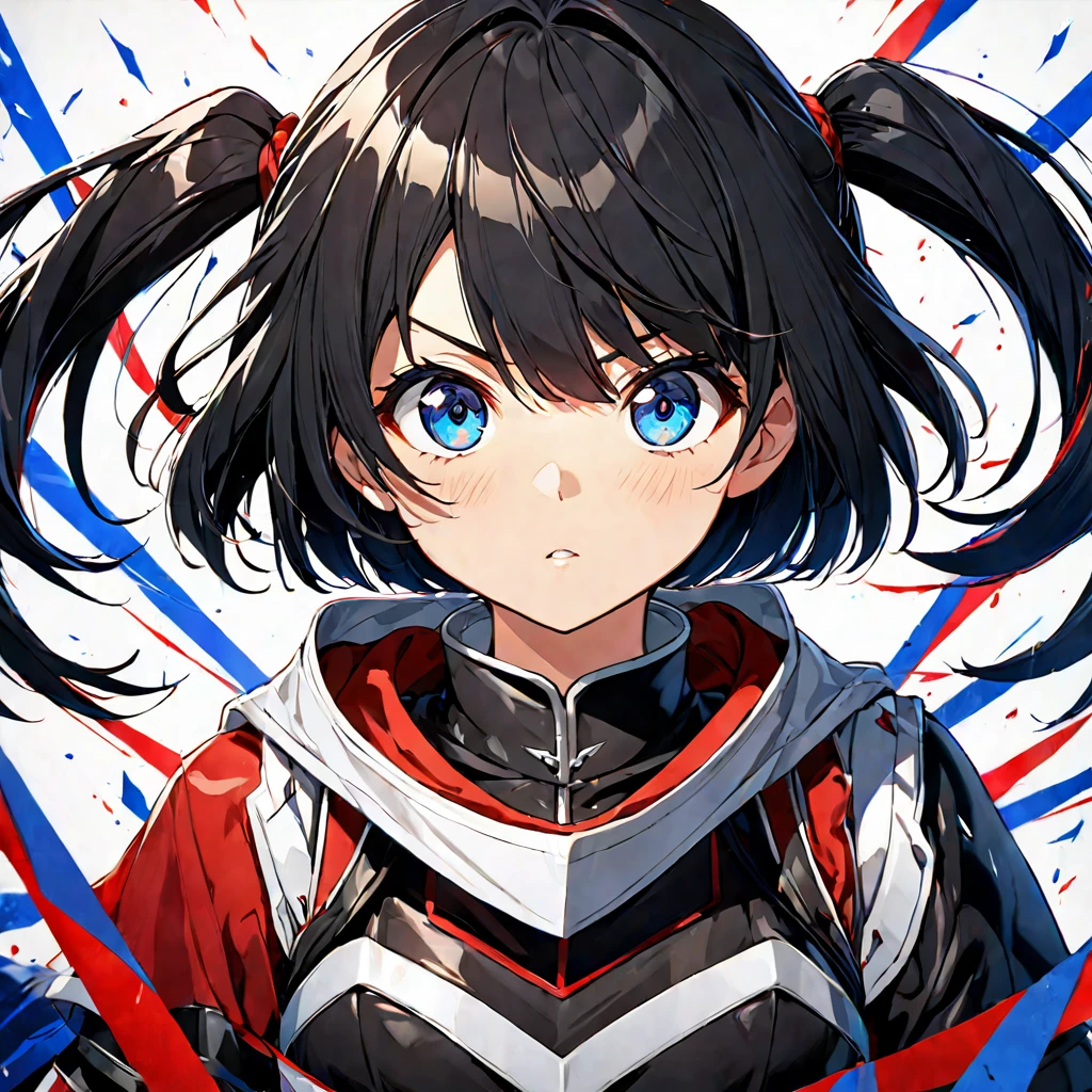 Girl, anime, warrior, short hair with red and blue lines, pretty eyes, black hair, full leather, young, with a fringe in front, epic, with pigtails, warrior clothing, adolescent