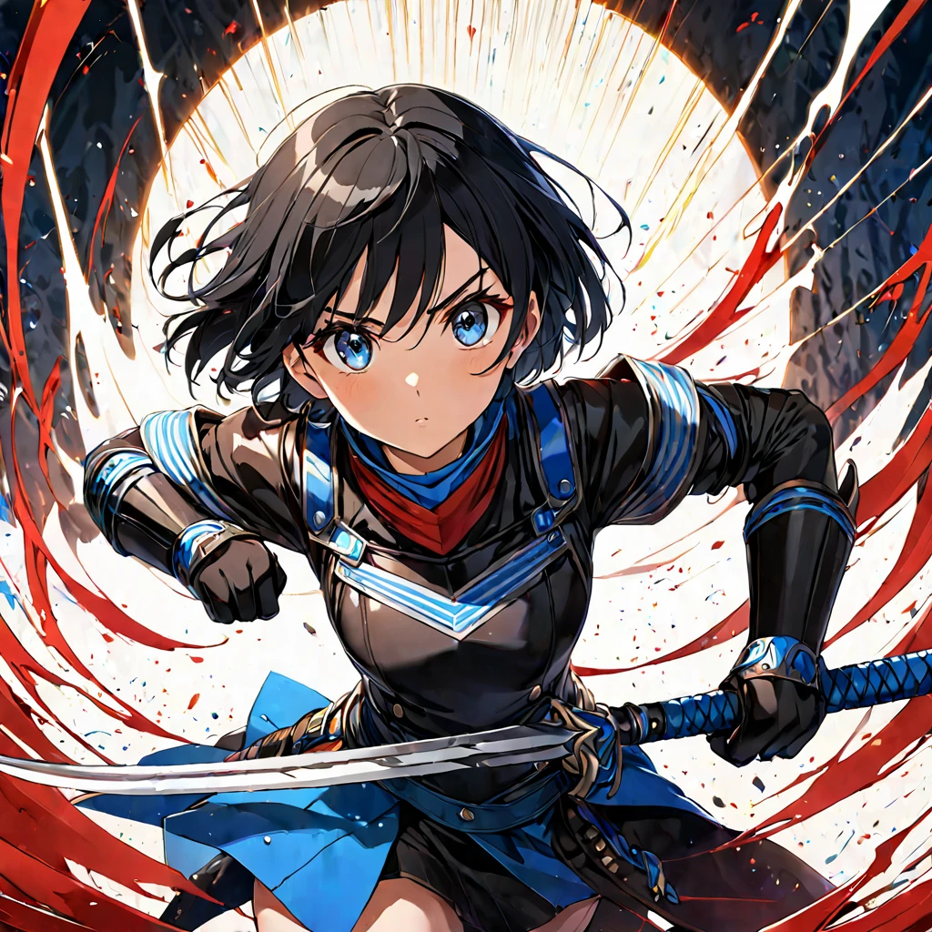 Um jovem adulto com cabelos cacheados vermelho-sangue e olhos azuis vibrantes, It's a blood wing holding a black lightning bolt sword and a flying black and red cape
