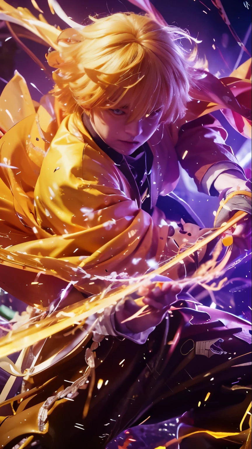 Zenitsu, demon slayer, male, yellow hair, yellow eyes, yellow clothes, swing yellow sworld, yellow lighning effect:1.5, light effect:1.2, detailed face, detailed hand, ultra-realistic, ultra-detailed, bestquality, masterpiece.