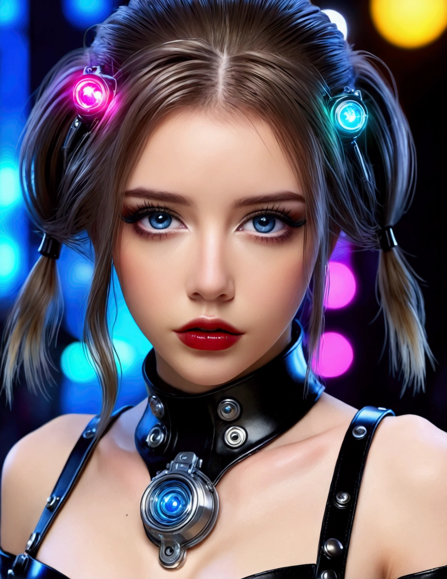 A cute fashion model, fashion show runway, 1girl, beautiful detailed eyes, beautiful detailed lips, extremely detailed face, long eyelashes, crazy hair, trendy makeup, sci-fi leather club outfit, many blinking lights and gadgets, cyberpunk, full body, (best quality,4k,8k,highres,masterpiece:1.2),ultra-detailed,(realistic,photorealistic,photo-realistic:1.37),HDR,UHD,studio lighting,extreme detail description,vivid colors,professional,concept art