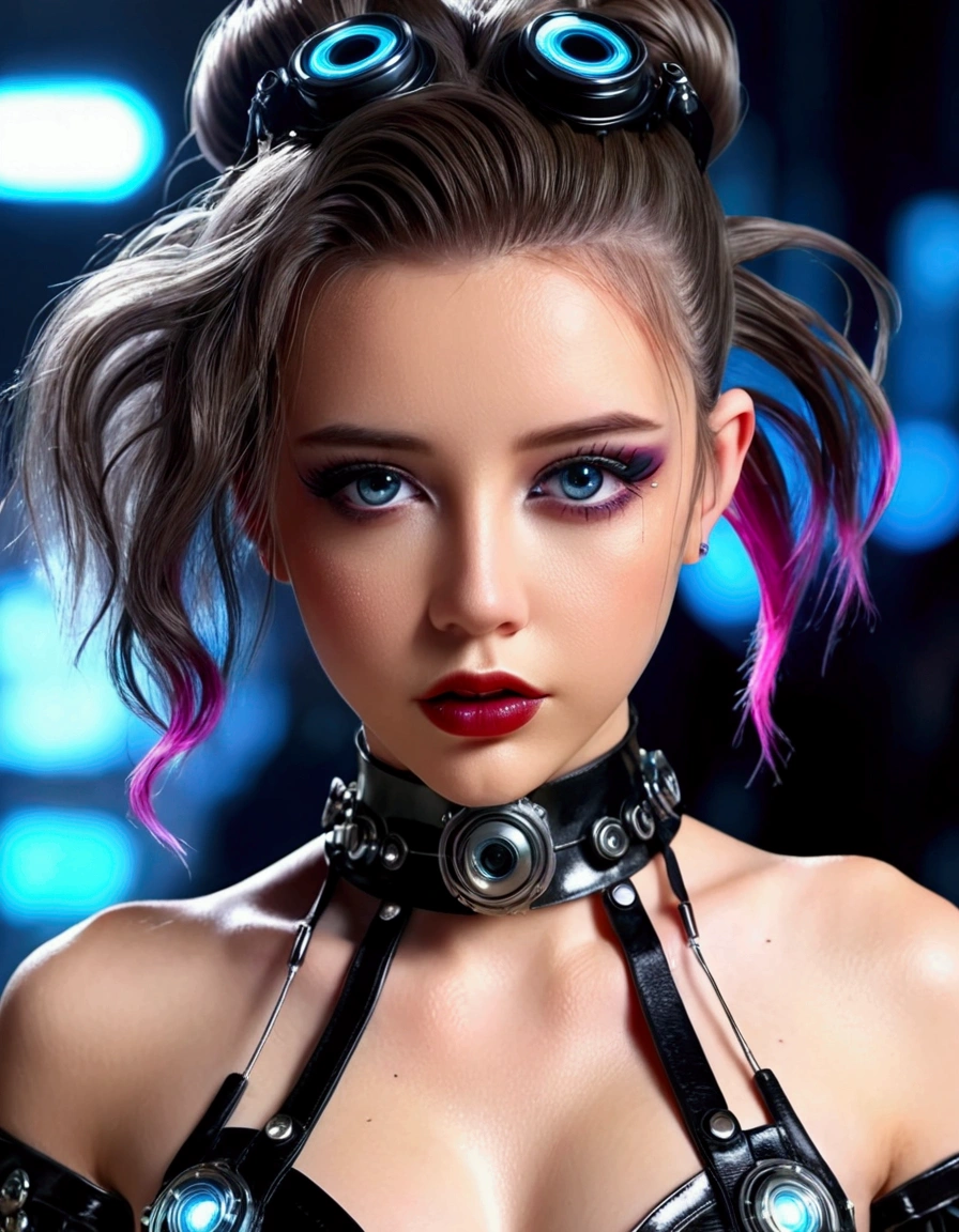 A cute fashion model, fashion show runway, 1girl, beautiful detailed eyes, beautiful detailed lips, extremely detailed face, long eyelashes, crazy hair, trendy makeup, sci-fi leather club outfit, many blinking lights and gadgets, cyberpunk, full body, (best quality,4k,8k,highres,masterpiece:1.2),ultra-detailed,(realistic,photorealistic,photo-realistic:1.37),HDR,UHD,studio lighting,extreme detail description,vivid colors,professional,concept art