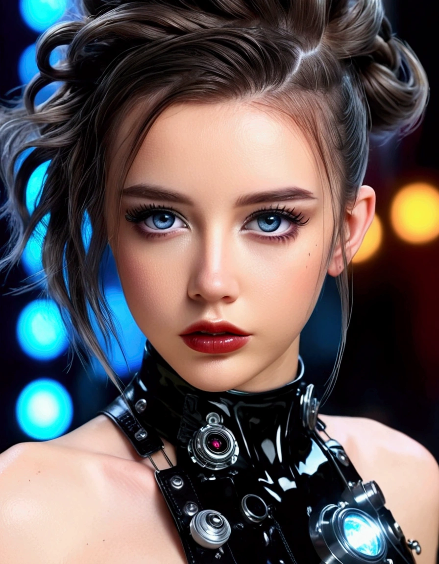 A cute fashion model, fashion show runway, 1girl, beautiful detailed eyes, beautiful detailed lips, extremely detailed face, long eyelashes, crazy hair, trendy makeup, sci-fi leather club outfit, many blinking lights and gadgets, cyberpunk, full body, (best quality,4k,8k,highres,masterpiece:1.2),ultra-detailed,(realistic,photorealistic,photo-realistic:1.37),HDR,UHD,studio lighting,extreme detail description,vivid colors,professional,concept art