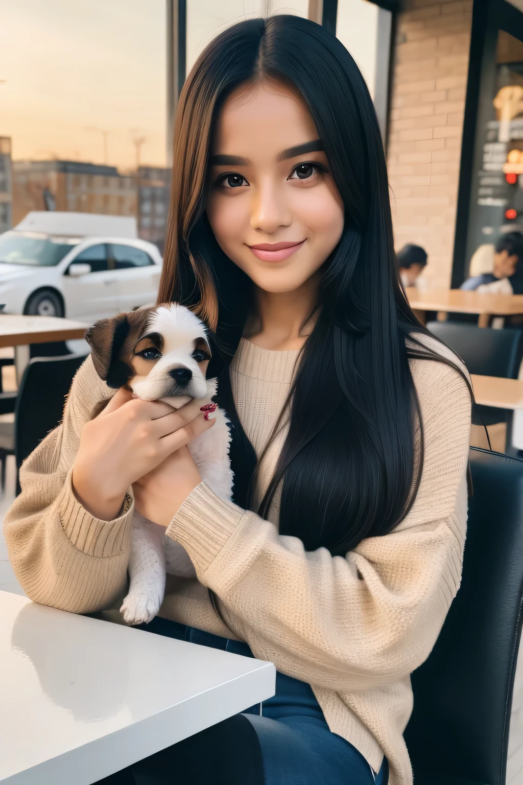 fashion model cute long straight black hair brown eyes round face dressed in brown sweater sitting in a cafe drinking coffee, Sunset, toothy smile without bangs, holding a poodle puppy in his arms