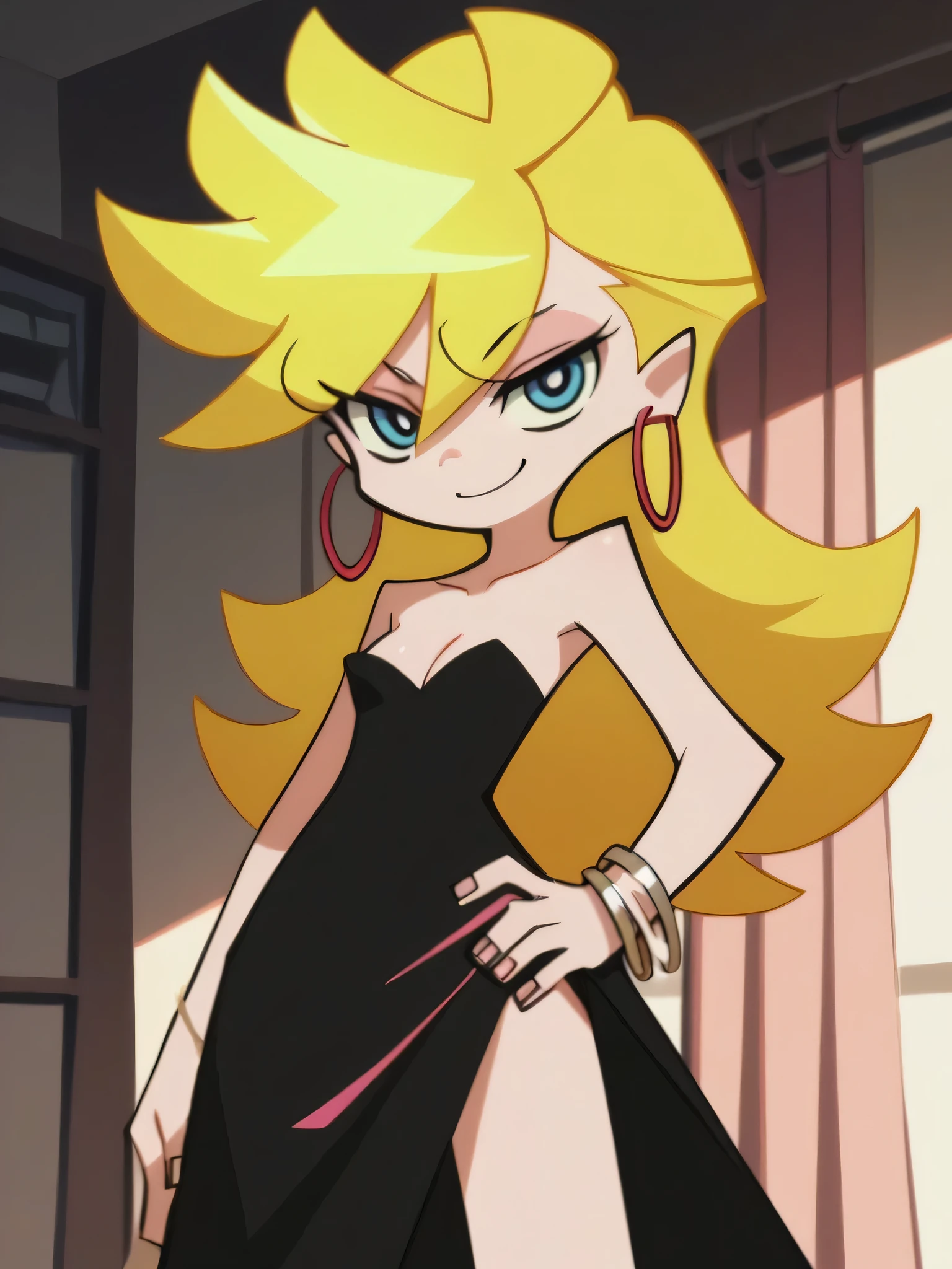 score_9, score_8_up, score_7_up, score_6_up, score_5_up, score_4_up, source_anime, 1girl, solo, psg, official style, panty \(psg\), strapless black dress, small breast, standing up, hoop earrings, cleavage, seductive smile, blond hair, blue eyes, looking at viewers, cowboy shot, right hand on hip, left hand on knee, indoor pink bedroom room,