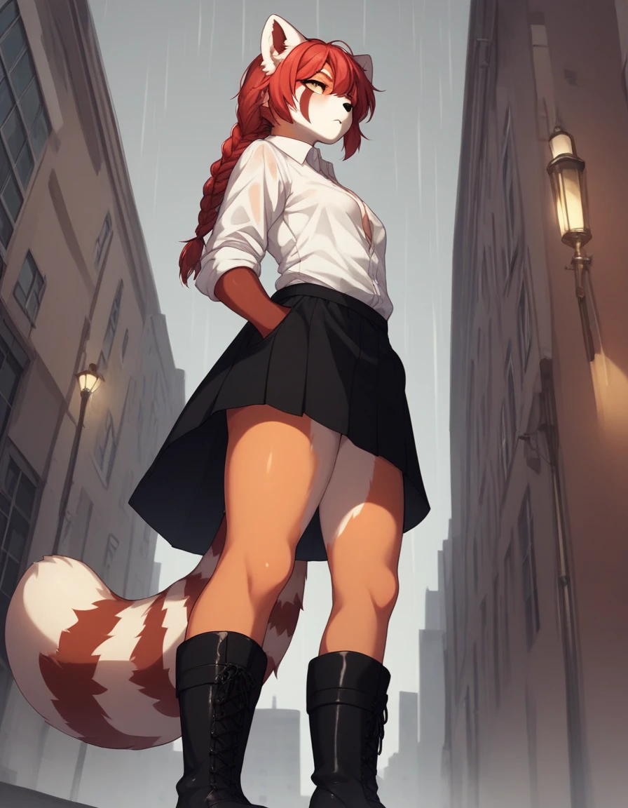 Solo, Score_9, score_8_up, score_7_up, kemono style, Kimiko, An Anthro furry red panda girl, red furry body, red panda tail, , black nose, red hair, braided hair, wearing investigator duster, long coat, white dress shirt unbuttoned slightly, rolled up sleeves, visible legs, black skirt, black boots, hand in pocket, outdoors, rainy day, low angle shot, looking away, majestic, at city, side view