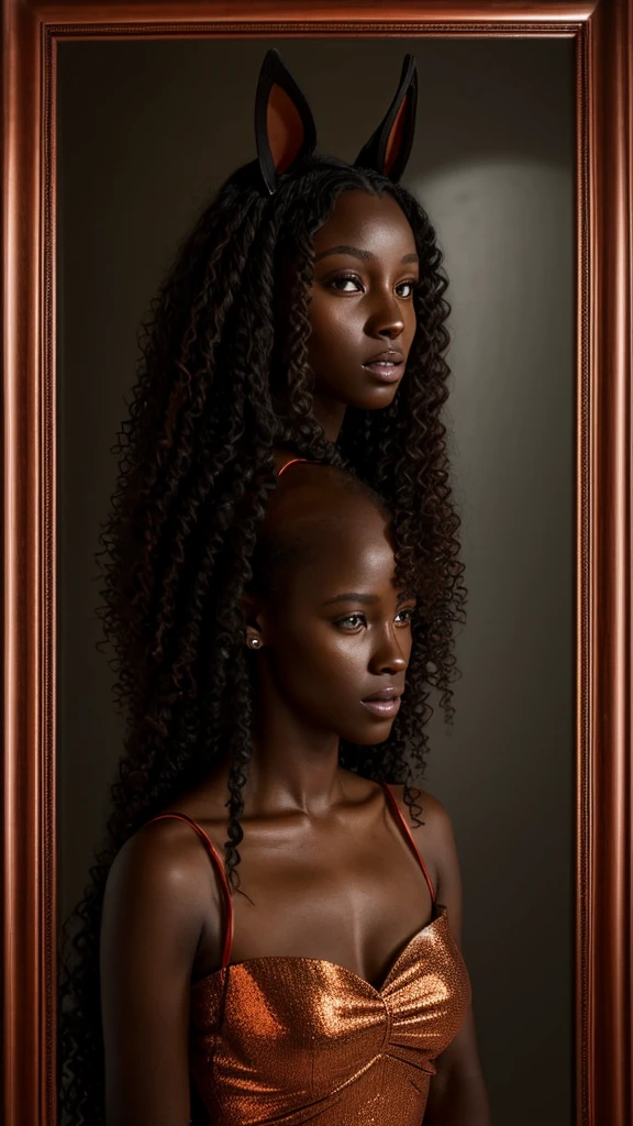 a warm black skinned woman with horse ears long curly hair copper red color and amber eyes wearing an elegant dress seeing her reflection in the mirror in a realistic humanoid dark room.