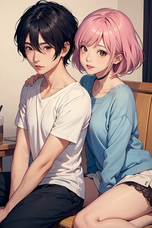 anime, Cute girl Asia Pink Short Hair with Boyfriend black hair
