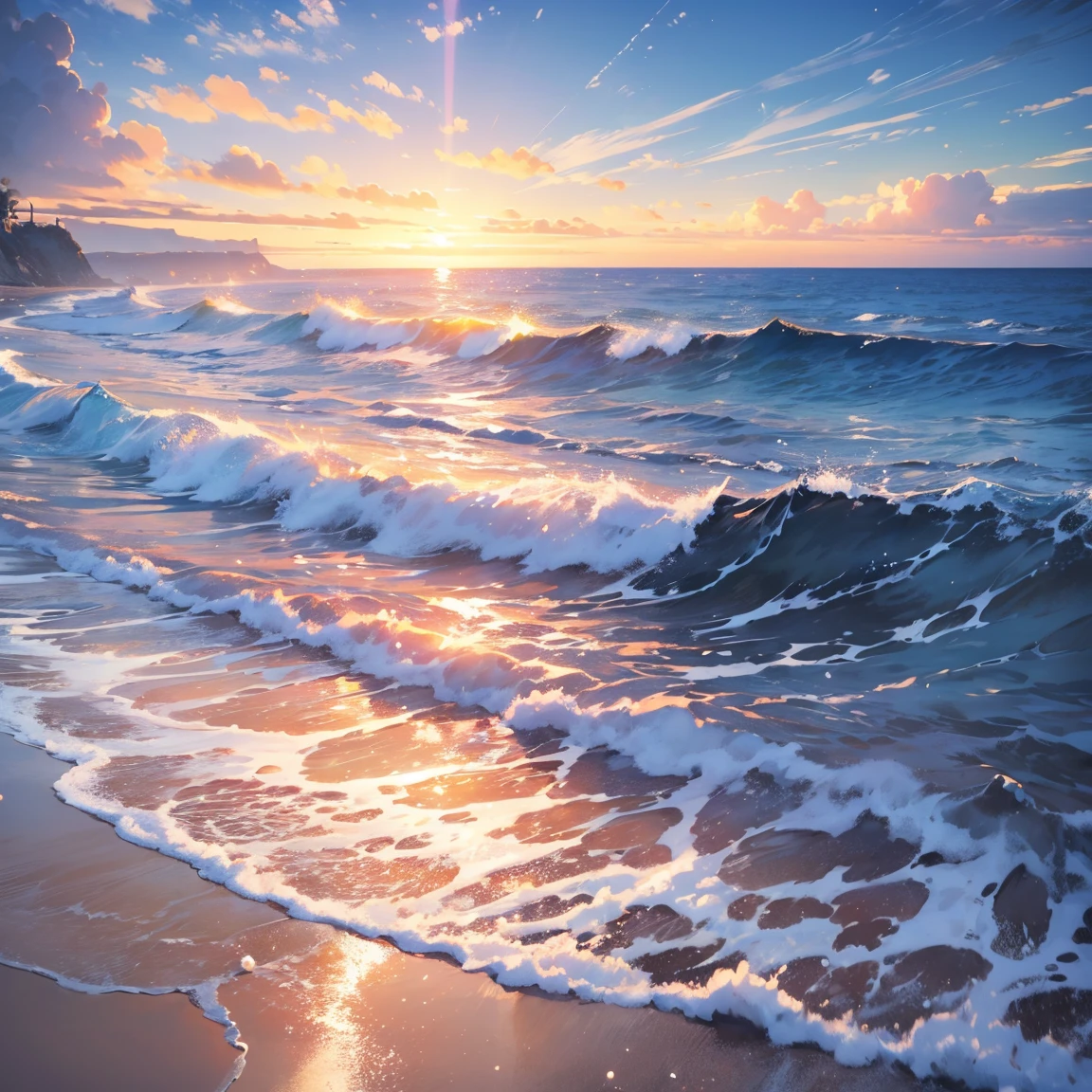 masterpiece, best quality:1.2), illustration, highres, extremely detailed, outdoors, sea, ocean, depth of field,chromatic aberration abuse,pastel color, Depth of field, sea of the sun, shiny glary, Light, light particles, glitter,reflect, 3D, bright, splashing water, waves, beautiful and delicate water, very delicate light, nature,painting, water spray, fine luminescence, very fine 8K CG wallpaper, background, horizon, endless ocean, sunny afternoon, light clouds