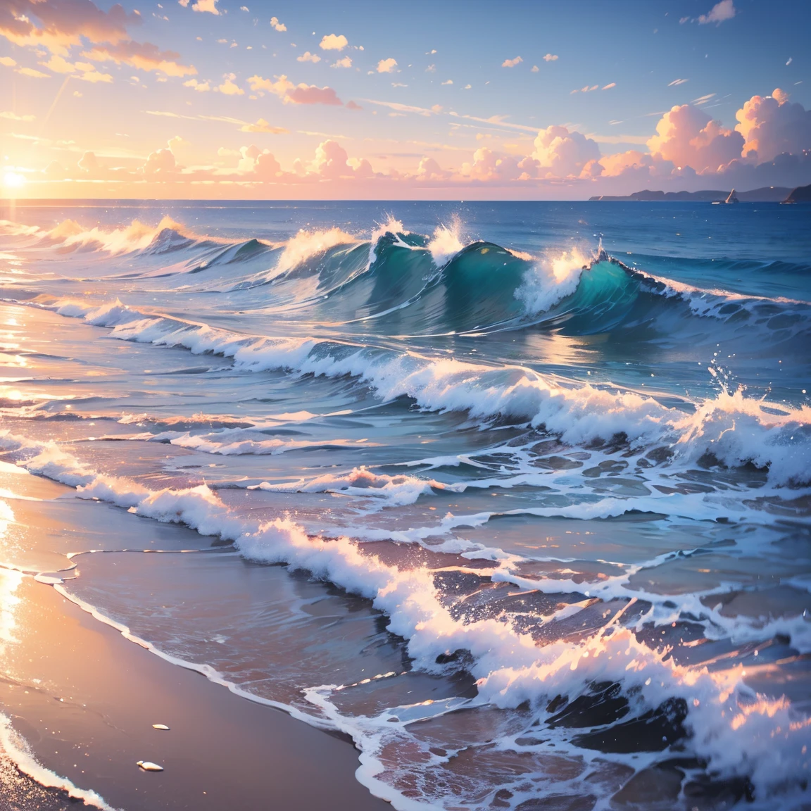 masterpiece, best quality:1.2), illustration, highres, extremely detailed, outdoors, sea, ocean, depth of field,chromatic aberration abuse,pastel color, Depth of field, sea of the sun, shiny glary, Light, light particles, glitter,reflect, 3D, bright, splashing water, waves, beautiful and delicate water, very delicate light, nature,painting, water spray, fine luminescence, very fine 8K CG wallpaper, background, horizon, endless ocean, sunny afternoon, light clouds