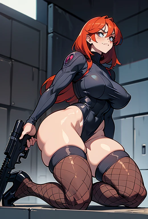 young girl, Pullover, whole body to see, short hair, (( very wide hips)), (((colossal Thighs, gigantic thighs, very huge thighs, very big thighs))), fullbody, high platform heels, soldier girl, Fit girl, ABS, high cut leotard, Cyberpunk, angry smile, holding gun, Battle, long lace hair, straight hair , sleveless, shoulderless, tight stockings, Fishnets stockings, freckles, Redhead, very pale skin,