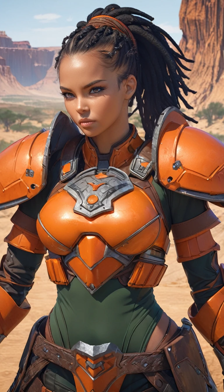 Portrait of  African woman with (short black dreadlocks), black hair pulled back, wearing a (heavy orange mechanical armor, power armor covering her chest and arms, orange breast plate) with large (round orange shoulder pads). a dark green undersuit visible between the armor pieces. (Barbarian fur).Badlands background with dead trees. super high quality, super high detail, masterpiece, 4k, 8k, HDR, masters of the universe 