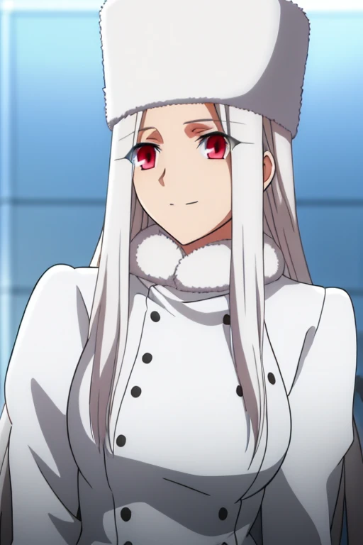 Irisviel Von Einzbern, (large breasts), oversized breasts, long hair, white hair, white fur coat, white fur hat, solo, facing the viewer, looking at the viewer, hands on chest, smile, closed mouth, blush, outdoors, snow, from below