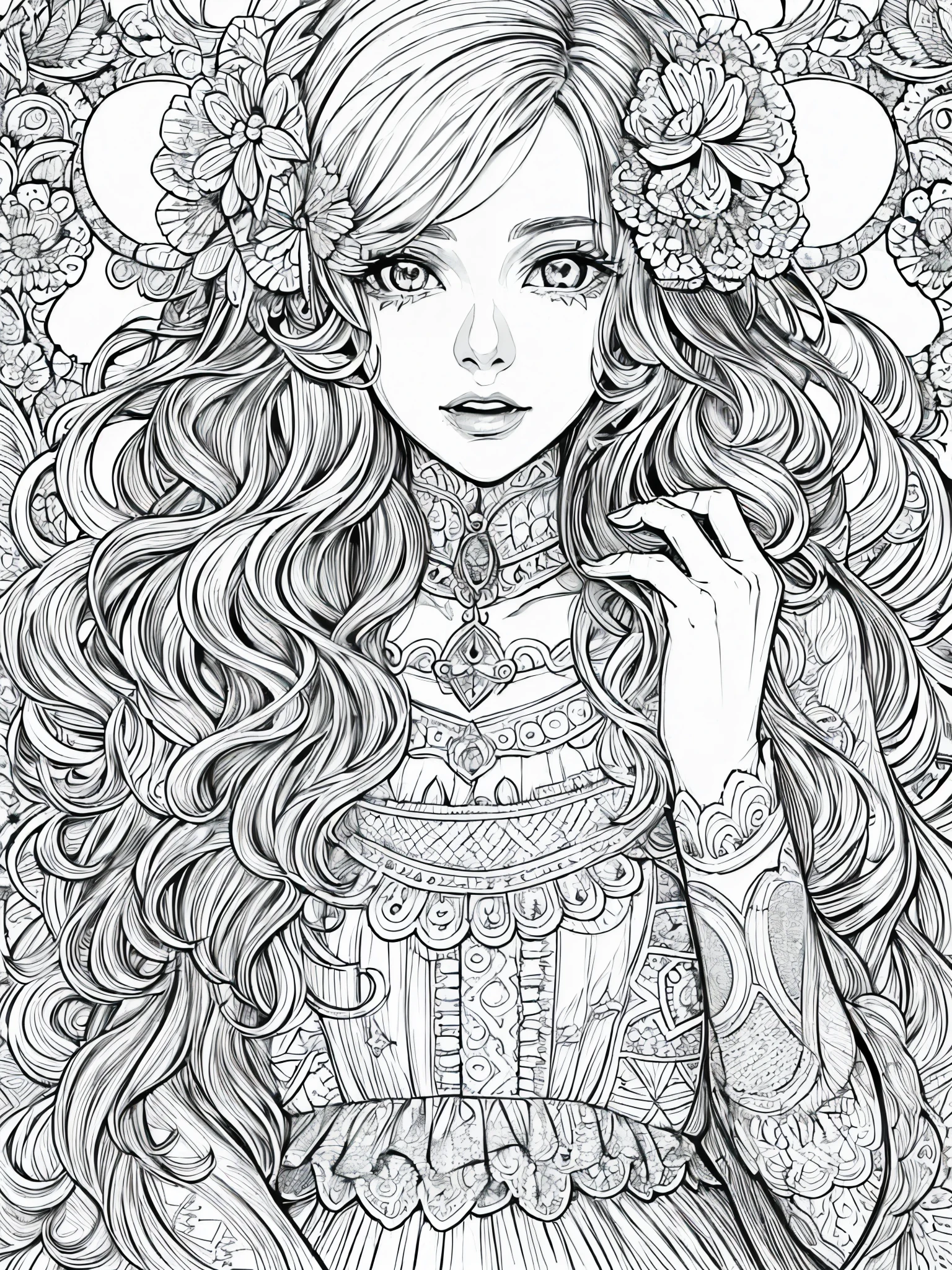 (Black and white coloring book:1.5), line drawings, masterpiece, best quality, ultra-detailed, high resolution, Very detailed face, (Eyes clear and distinct lines), Hair is white color, Upper body shot, Woman in gothic  style dress with lots of lace and ribbons, Hyper detailed crisp black line draw, ((simple white color))