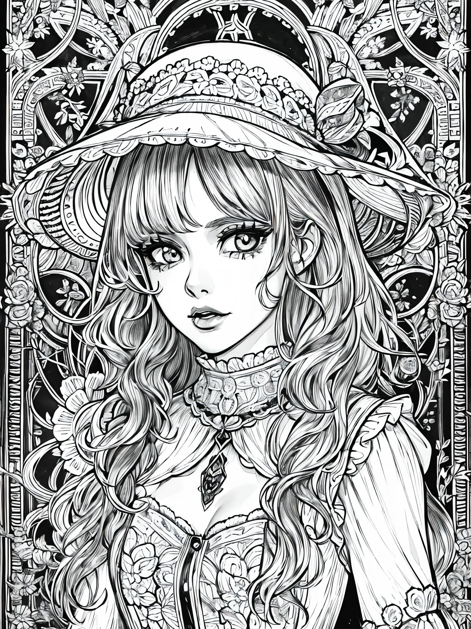 (Black and white coloring book:1.5), line drawings, masterpiece, best quality, ultra-detailed, high resolution, Very detailed face, (Eyes clear and distinct lines), Hair is white color, Upper body shot, Woman in gothic lolita style dress with lots of lace and ribbons, Hyper detailed crisp black line draw, ((simple white color))