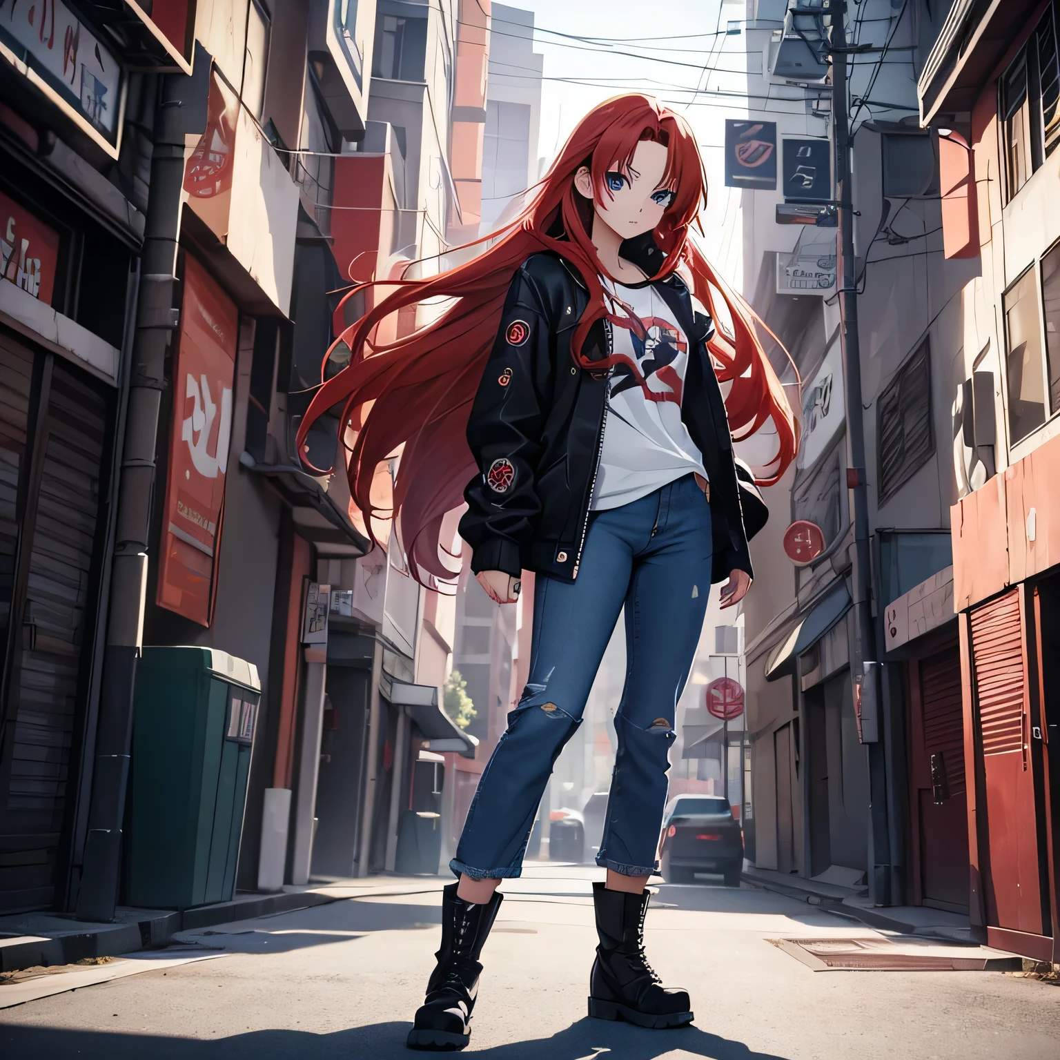 anime girl with long red hair, ((standing)), blue eyes, ((detailed eyes)), (full body picture)), anime style 4 k, best anime 4k konachan wallpaper, ((wearing baggy jeans)), ((wearing loose Jeans)), ((wearing ankle boots)), wearing a white tee shirt, blank tee shirt, ((wearing a black jacket)), digital anime art, badass anime 8 k, e - girl, e-girl, anime girl with red hair, anime art wallpaper 8 k, urban background