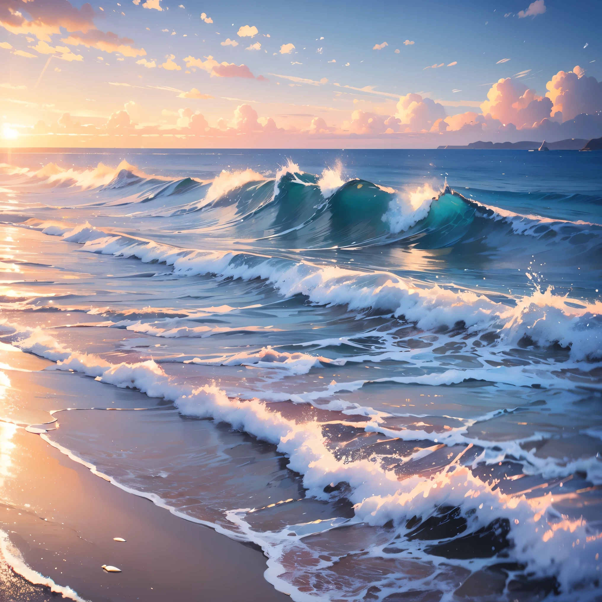 masterpiece, best quality:1.2), illustration, highres, extremely detailed, outdoors, sea, ocean, depth of field,chromatic aberration abuse,pastel color, Depth of field, sea of the sun, shiny glary, Light, light particles, glitter,reflect, 3D, bright, splashing water, waves, beautiful and delicate water, very delicate light, nature,painting, water spray, fine luminescence, very fine 8K CG wallpaper, background, horizon, endless ocean, sunny afternoon, light clouds