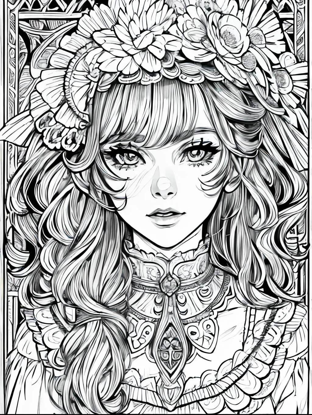 (Black and white coloring book:1.5), line drawings, masterpiece, best quality, ultra-detailed, high resolution, Very detailed face, (Eyes clear and distinct lines), Hair is white color, Full body shot, Woman in gothic lolita style dress with lots of lace and ribbons, Hyper detailed crisp black line draw, ((simple white color))