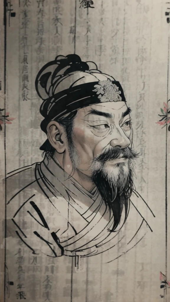 (((Monochrome)))、(((Ink Painting)))、((Line art))、Ancient Chinese man in armor、(Ancient Chinese hairstyle for men in white knitted hat)、As seen in the Romance of the Three Kingdoms々military commander、Highest quality、masterpiece、Ultra-high resolution、(Realistic:1.4)、Game Poster、Crisp and beautiful image quality、Embroidered cloth wrapped around a topknot、whole body , (Very detailed, bloom:1.5), (analog:1.2),  (Dynamic Short Hair),Dark Eyes、