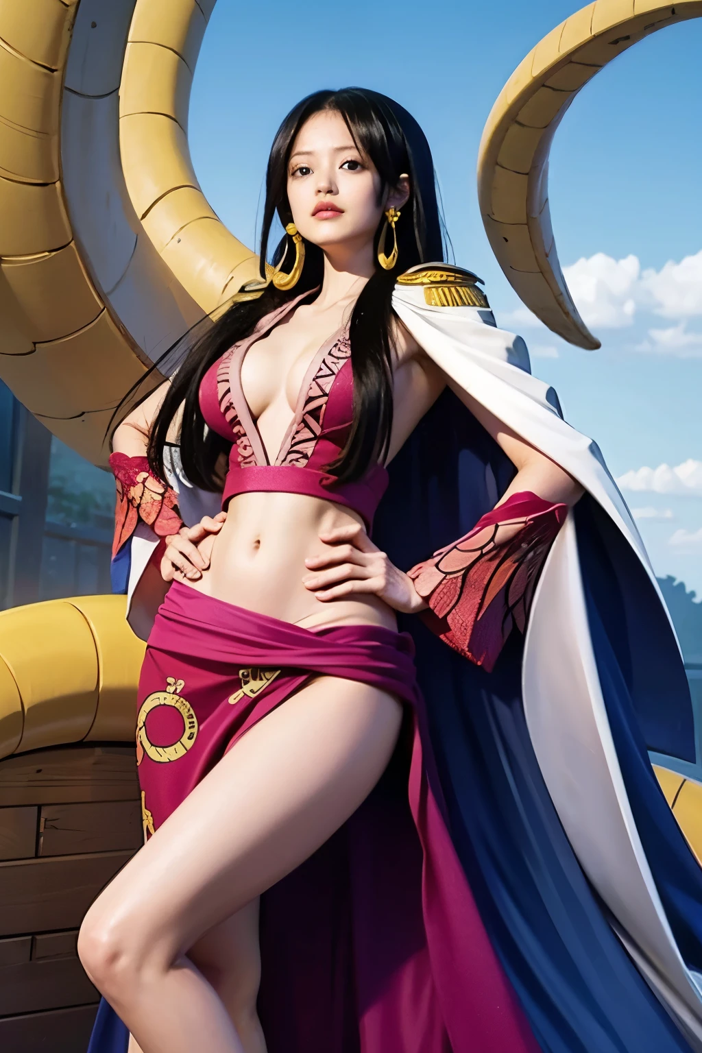 Moisturized skin, (Pink and bright eyes), (Looking down on people), Perfect body,
BREAK,
(Beautiful navel), (Side slit), (Epaulets), Cape, Crop top, Cloak,
BREAK,
(Super long hair), (Large gold and curved earrings: 1.2),
BREAK,
(((Masterpiece + Highest quality + High resolution + Very detailed))), (Full body: 1.2), Symmetrical, One shot,
BREAK,
(In the streets of Japan: 1.3),
BREAK,
(ONE PIECE), (Imada Mio: 1.4), (Boa Hancock: 1.3), ((Large snake)),