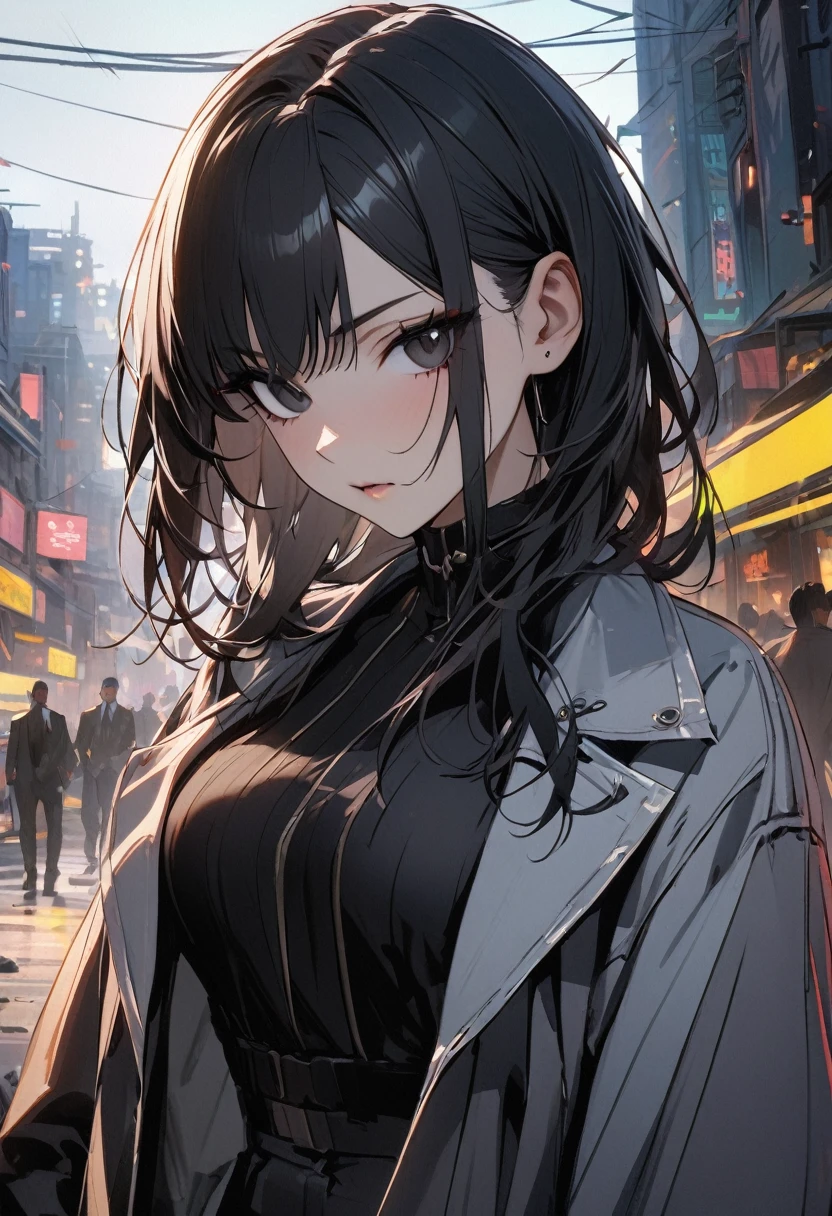 Young girl black hair black eyes cyberpunk high quality masterpiece black suit Chinese woman