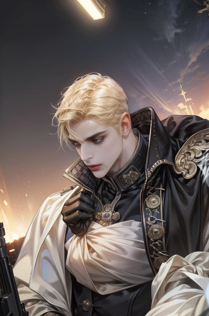 a handsome man with swept back short blonde hair,wearing a military uniform and a pair of white gloves,holding a rifle,highly detailed,photorealistic,cinematic lighting,dramatic atmosphere,heroic,military,sharp focus,hyper realistic,unreal engine,cinematic composition,dramatic lighting,chiaroscuro,dramatic pose
