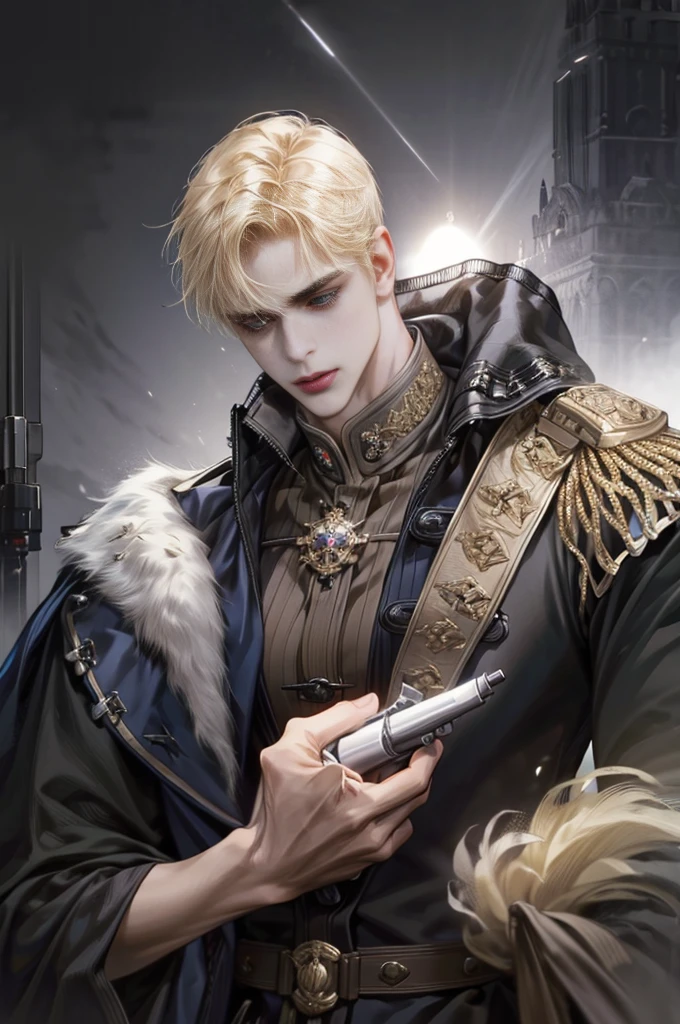a handsome man with swept back short blonde hair,wearing a military uniform and a pair of white gloves,holding a rifle,highly detailed,photorealistic,cinematic lighting,dramatic atmosphere,heroic,military,sharp focus,hyper realistic,unreal engine,cinematic composition,dramatic lighting,chiaroscuro,dramatic pose