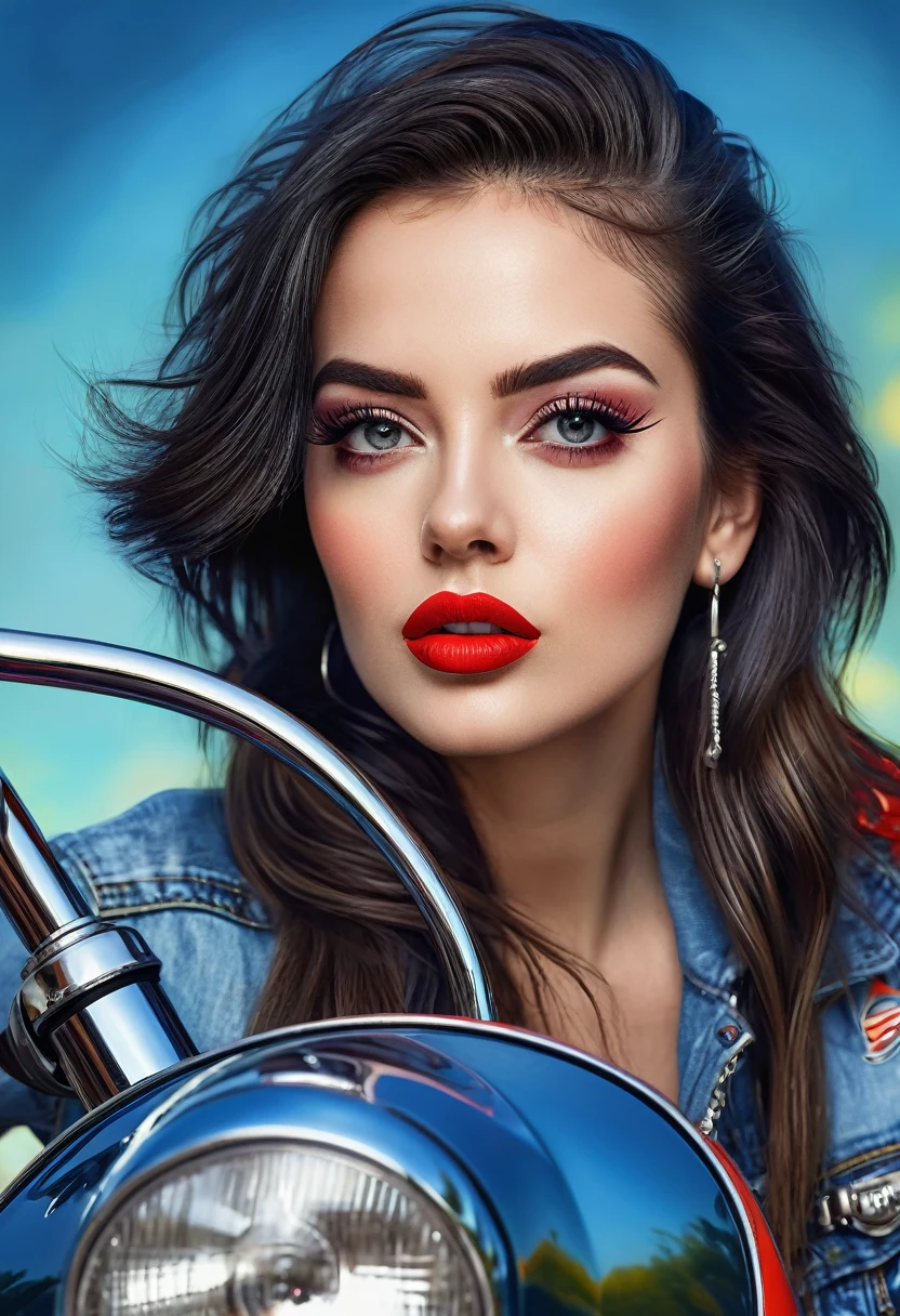 Woman in bright denim outfit sitting on Harley Davidson motorcycle, red lips, impeccably detailed eyes with lengthened lashes, pop art style, slightly blurred playful background, bathed in organic natural light, using Mandy Disher inspiration, hyper detailed digital painting, dramatic lighting, high quality