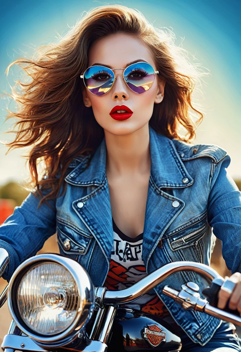 Woman in bright denim outfit sitting on Harley Davidson motorcycle, red lips, impeccably detailed eyes with lengthened lashes, pop art style, slightly blurred playful background, bathed in organic natural light, using Mandy Disher inspiration, hyper detailed digital painting, dramatic lighting, high quality