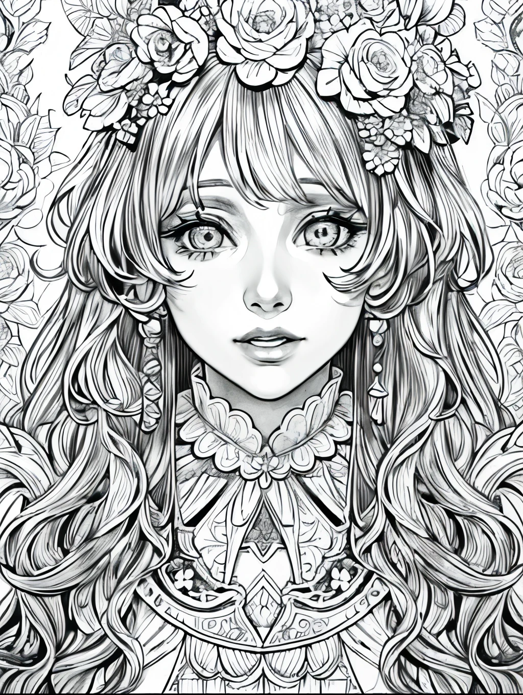 (Black and white coloring book:1.5), line drawings, masterpiece, best quality, ultra-detailed, high resolution, Very detailed face, (Eyes clear and distinct lines), Hair is white color, Full body shot, Woman in gothic lolita style dress with lots of lace and ribbons, Hyper detailed crisp black line draw, ((simple white color))