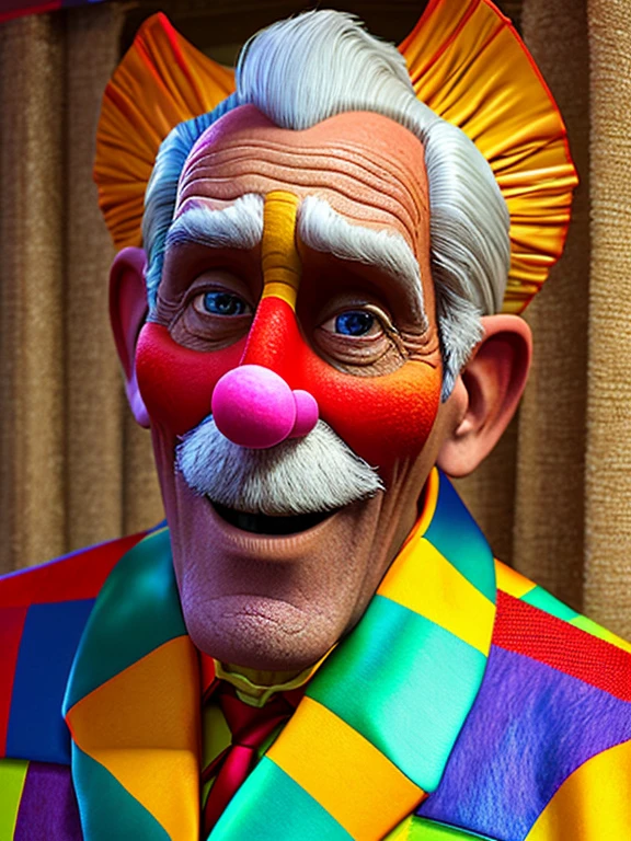 Pixarstyle A waist-high portrait of an elderly man with clown clothes, smile, natural skin texture, 4K textures, HDR, intricate, highly detailed, sharp focus, cinematic look, hyper-detailed