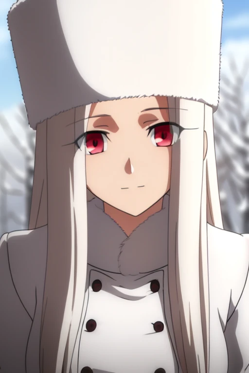 Irisviel Von Einzbern, (large breasts), oversized breasts, long hair, white hair, white fur coat, white fur hat, solo, facing the viewer, looking at the viewer, hands on chest, aroused facial expression, closed mouth, blush, sweat, outdoors, snow, from below