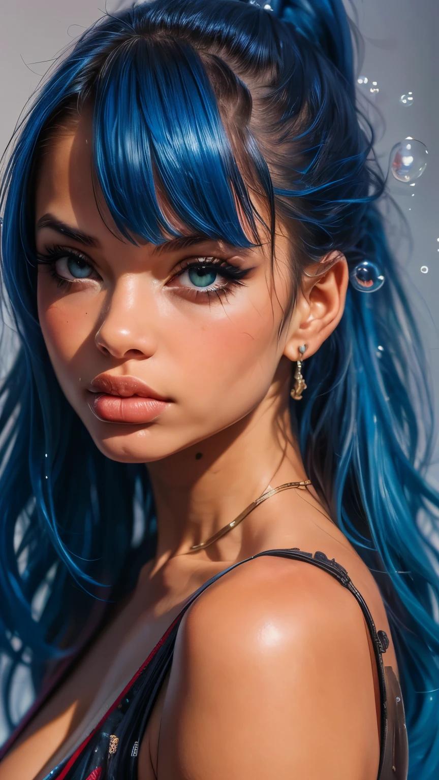 a girl standing, looking at the viewer, with messy hair, wearing fashionable clothes, (best quality,4k,8k,highres,masterpiece:1.2),ultra-detailed,(realistic,photorealistic,photo-realistic:1.37),floating,beautiful detailed eyes,beautiful detailed lips,extremely detailed eyes and face,longeyelashes,delicate beauty,high saturation,colorful splashes,colored bubbles,shining,focused on the face,ponytail,Ayaka Kamisato,light blue hair,bangs,hair halo,flowing hair,brilliant,best lighting,best shadow,full body,portrait