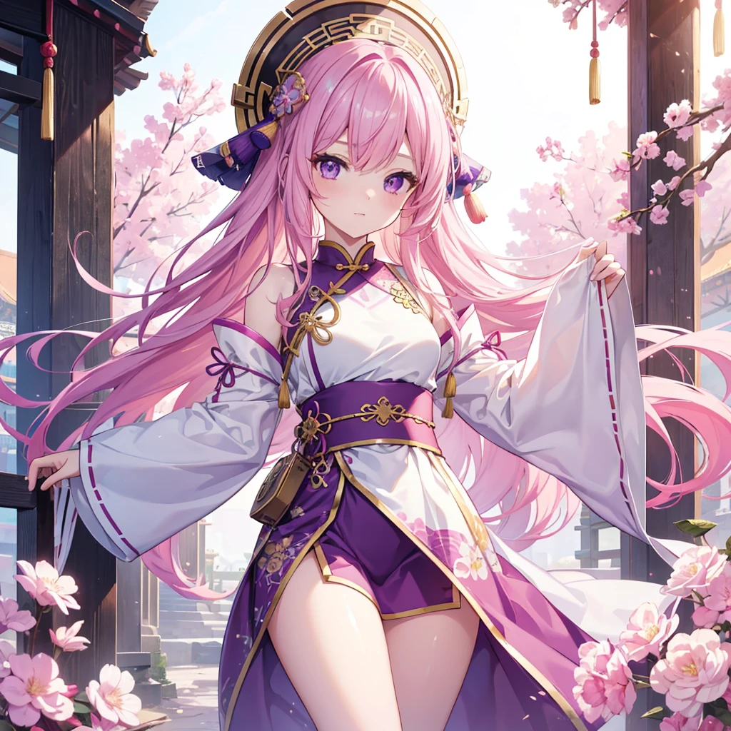 A young girl., pink hair, purple eyes, cute, small breasts, Focus on the thighs, ancient chinese dress, whole body, sunlight, Clear face, Clean white background, Masterpiece, Superb details, grand element, Ultra HD, High quality, very detailed, official art, Same 8k wallpaper, Superb details, 32K