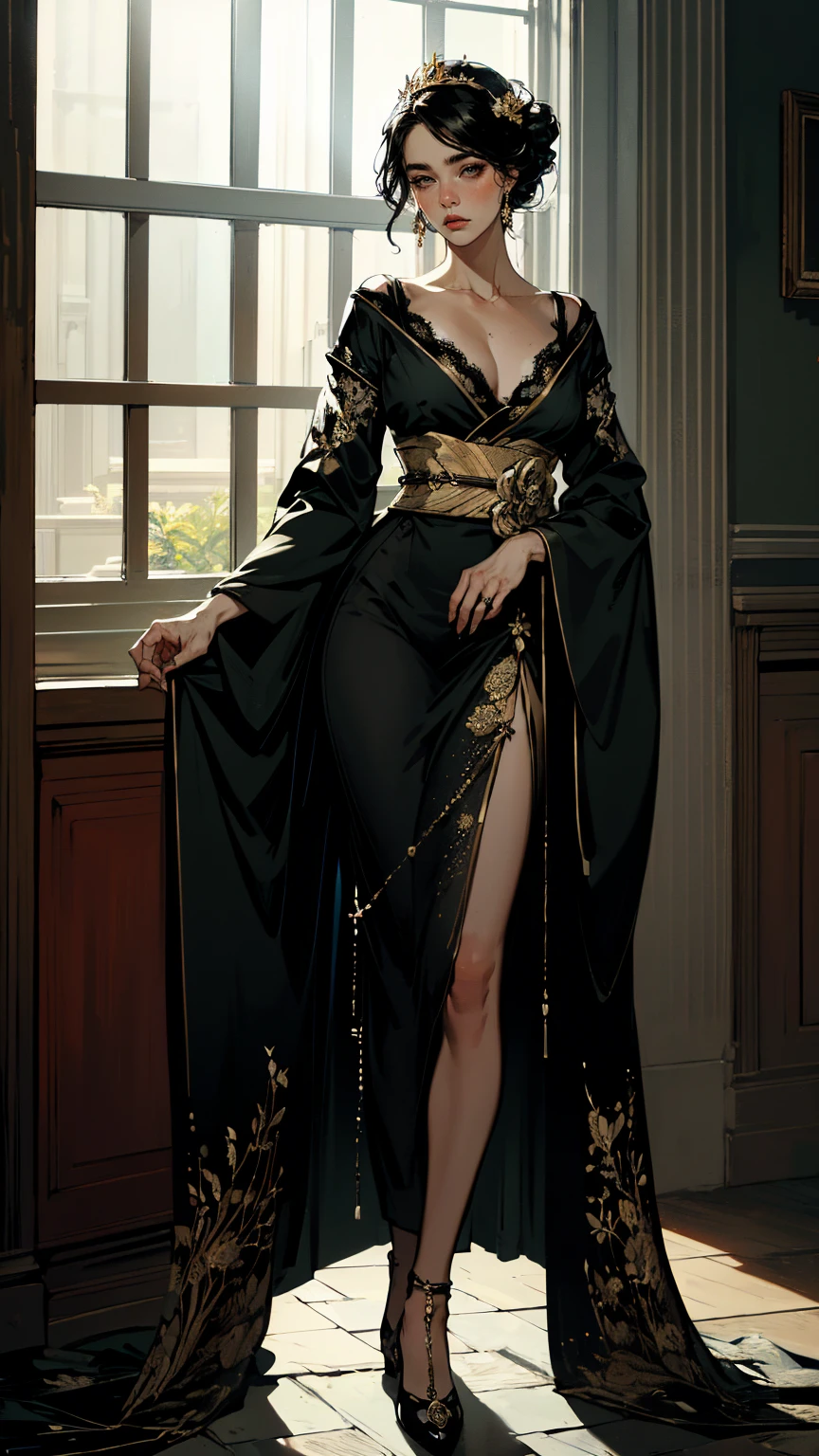 (ultra-detailed, photorealistic, best quality, 4k, highres, masterpiece:1.3), Crown Princess Xian Li, snow-white, flawless skin, long straight raven-black hair, adorned with delicate jeweled pins, piercing cold gray eyes, red velvet lips contrasting her pale complexion, (wearing elegant black kimono with gold embroidery),( intricate embroidery and delicate lace), emotionless calm expression, background elements of the royal palace, rich decor, regal atmosphere, highlighting her royal status and ethereal beauty, (intricate detail, super finely detailed hands, ultra finely detailed fingers, full body showcase, show full body).