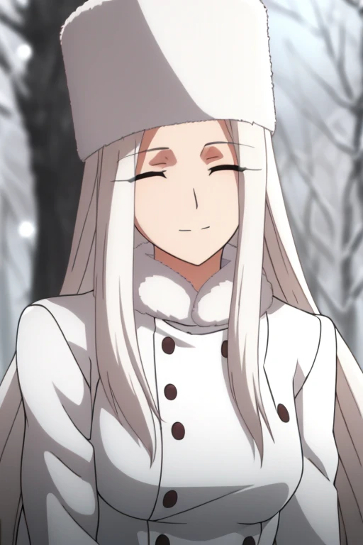 Irisviel Von Einzbern, (large breasts), oversized breasts, long hair, white hair, white fur coat, white fur hat, solo, facing the viewer, looking at the viewer, aroused facial expression, closed mouth, closed eyes, blush, sweat, outdoors, snow, from below