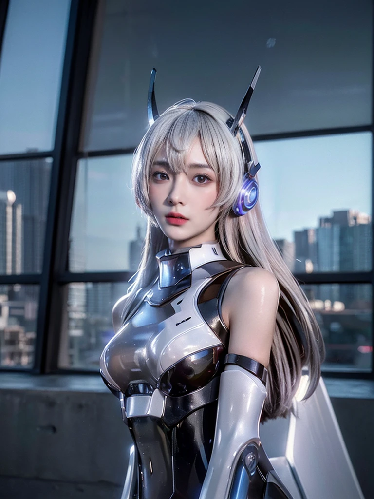 best quality, 1080P, Masterpiece, Ultra high resolution, photorealistic photo, ultra realism, Realistic skin texture, white hair, Extreme skin detail, dslr, Detailed eyes, light blue eyes, futuaner face, lauriel_apw, Facing the camera, Very beautiful face, Pale skin, Realistic skin texture, Extreme skin detail, oc render reflection textures, Realistic light and shadow, alone, The body is slender and balanced., Age 20, Flat stomach, full body view, Whole body photo, A girl with the body of a mechanical robot., สวมใส่ lauriel_apw, cyber headband, horns,