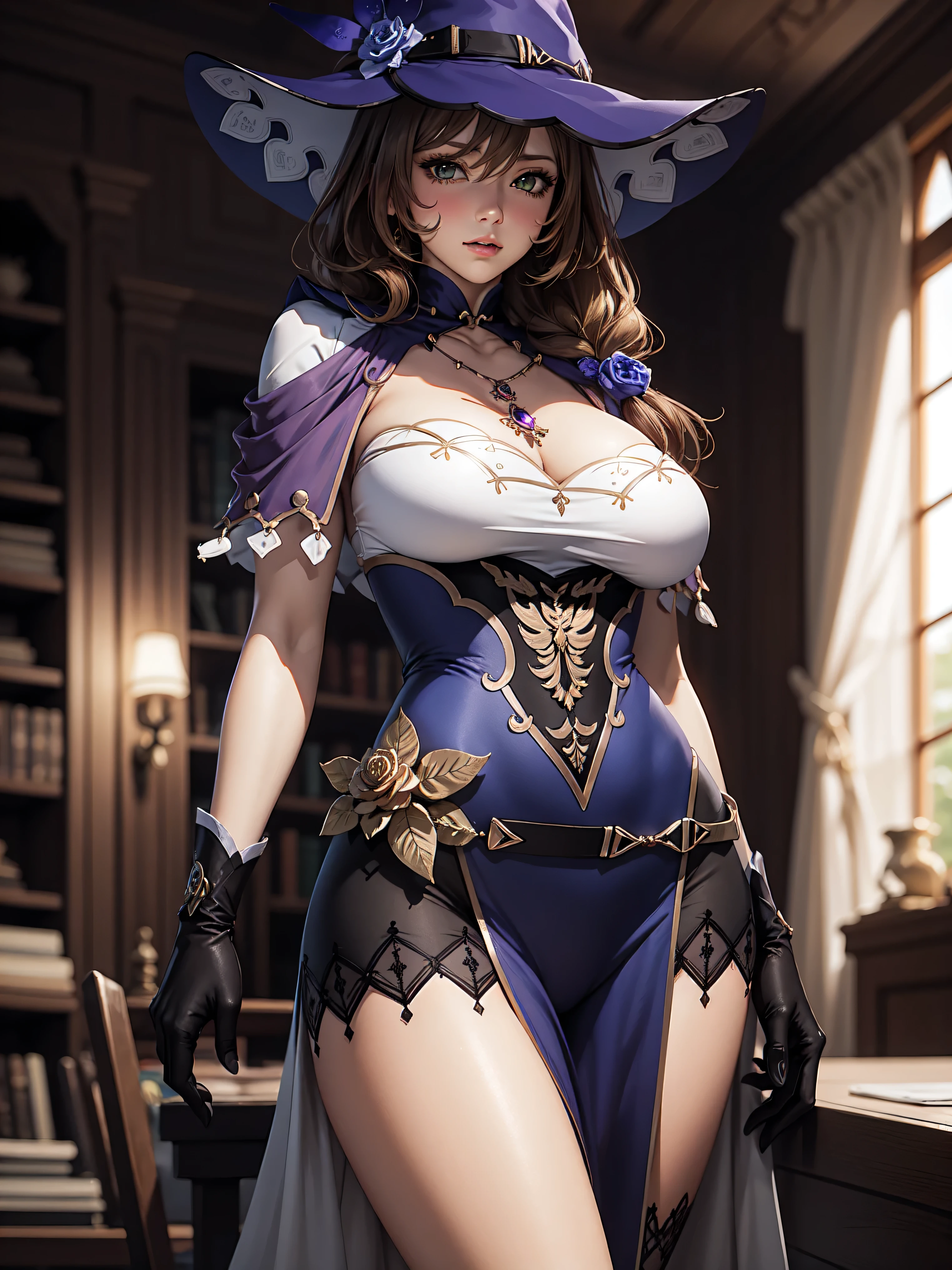 Masterpiece, ultra detail, high quality, 8k cg, huge breasts, lisadef, blush, bright eyes, standing, indoors, slim body, narrow waist