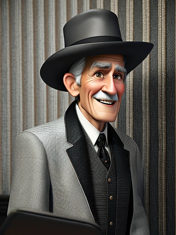Pixarstyle A waist-high portrait of an elderly man with a black and white suit, smile, natural skin texture, 4K textures, HDR, intricate, highly detailed, sharp focus, cinematic look, hyper-detailed