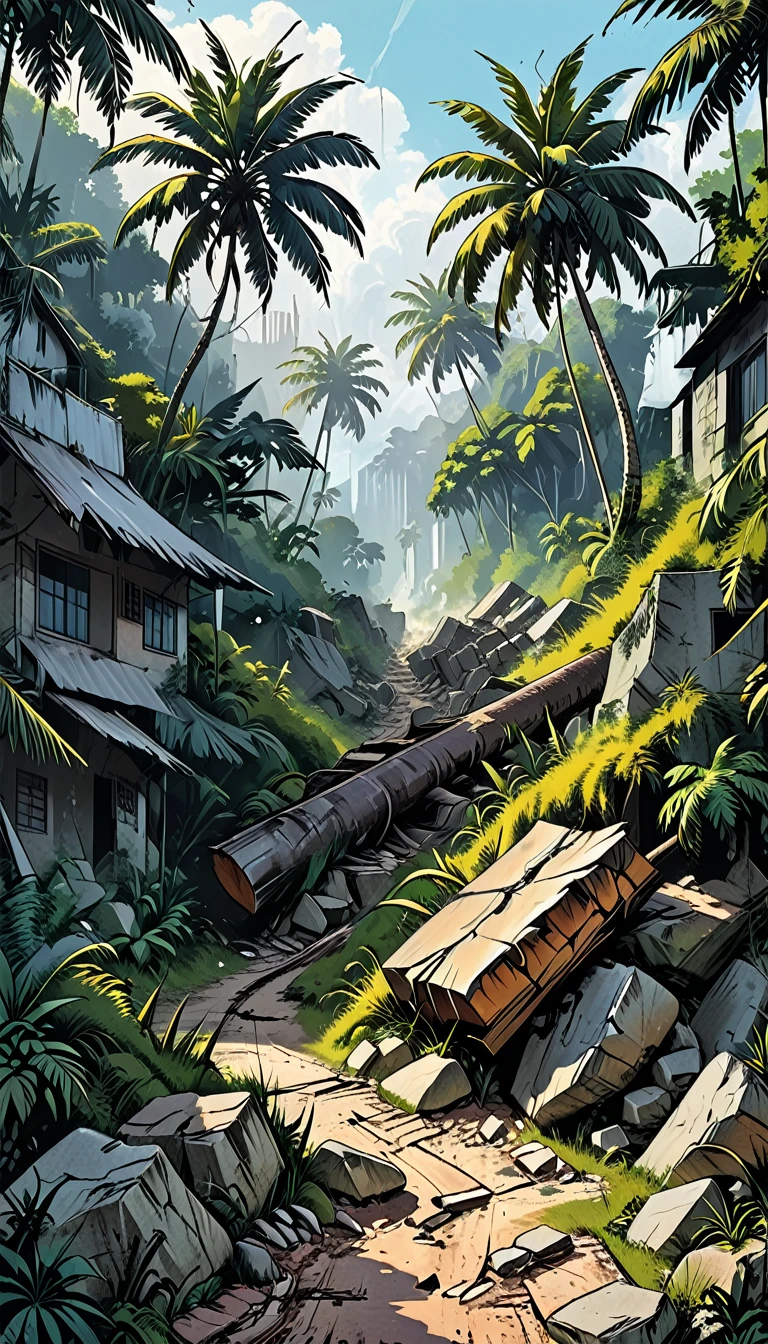 tropical forest,
fallen trees, cracks in the ground, dense tropical forest,trees falling from an earthquake, a falling palm tree, rocks bouncing from vibration,graphic style of novel comics, 2d, 8k, hyperrealism, masterpiece, high resolution, best quality, ultra-detailed, super realistic, Hyperrealistic art, high-quality, ultra high res, highest detailed, lot of details, Extremely high-resolution details, incredibly lifelike, colourful, soft cinematic light,