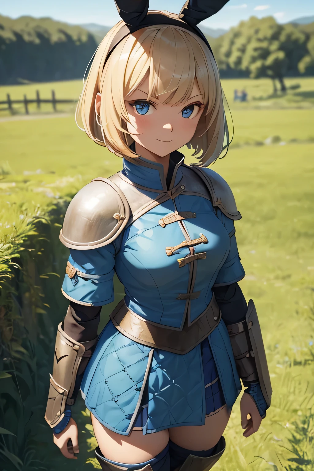 masterpiece, best quality, ultra-detailed, 4K, 8K, best quality, beautiful, pretty woman, solo, beautiful blonde hair, bob hair, beautiful blue eyes, beautiful eyes , (black bunny ears headband:1.3),
BREAK
smile,(medieval female soldier:1.2),(armor, gambeson, blue cloth armor, quilted armor, blue short skirt armor, shin guards:1.3), walking, put your hand on your waist,
BREAK
blurred background, on the field, in summer, outdoors, nature, prairie, grassland, blue sky,
BREAK
(clay animation:1.3), (stop-motion technique:1.2), (malleable figures:1.3), (hand-sculpted details:1.2), (expressive characters:1.3), (charming visuals:1.2), (creative storytelling:1.3)