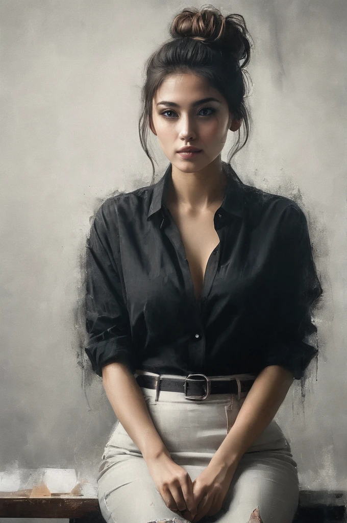advertising poster style, (solo, full body photo:1.3), (shushing:1.3), (haze, fog, mist:1.3), chiaroscuro, AnalogRedmAF A stunning woman with messy hair, flirty, sits in a classroom, artwork on the blackboard, short black skirt, unbuttoned white blouse, messy bun, camera,highres, extremely detailed, 1woman,beautiful detailed woman,full body, realistic, light on face, cinematic lighting, perfect eyes Professional, modern, product-focused, commercial, eye-catching, highly detailed