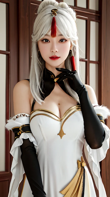 {ningguang_genshin:1.15}, hair_ornament, long_hair, bangs, white_hair, red_eyes, parted_bangs, tassel, breasts, smile, hairpin, sidelocks, hair_stick, very_long_hair, 1girl, black_gloves, china_dress, chinese_clothes, claw_ring, detached_sleeves, dress, elbow_gloves, gloves, white_dress, bare_shoulders, fur_collar, fur_trim, shot on leica, square face shape, older woman, natural proportions, intricate details, masterpiece, best quality, 8k, detailed skin texture, detailed cloth texture, beautiful detailed face, ultra detailed, looking_at_viewer, Best quality, masterpiece, ultra high res, (photorealistic:1.4), raw photo, solo, Chinese girl